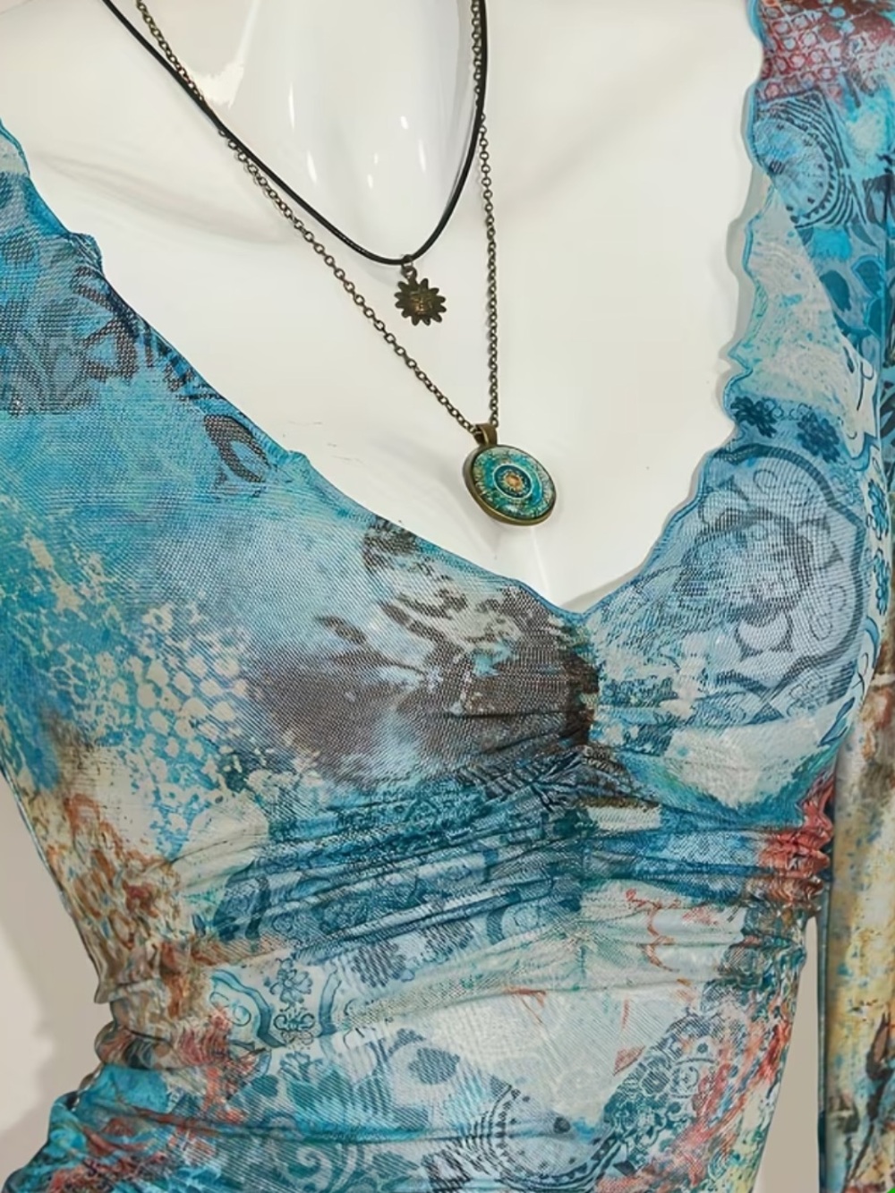 Blue Multi-Print V-Neck Sheer Long-Sleeve Top - Picture 4 of 5